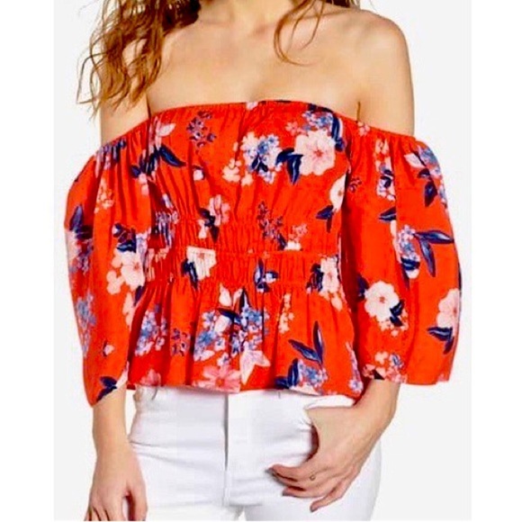 cupcakes & cashmere Tops - Cupcakes and Cashmere Red Smocked Off The Shoulder Top